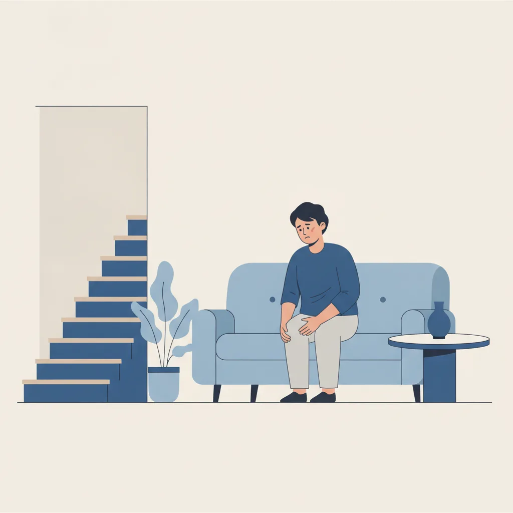 계단과 좌식 생활에서 반복되는 무릎 통증으로 고통받는 환자의 일상 모습<p style=