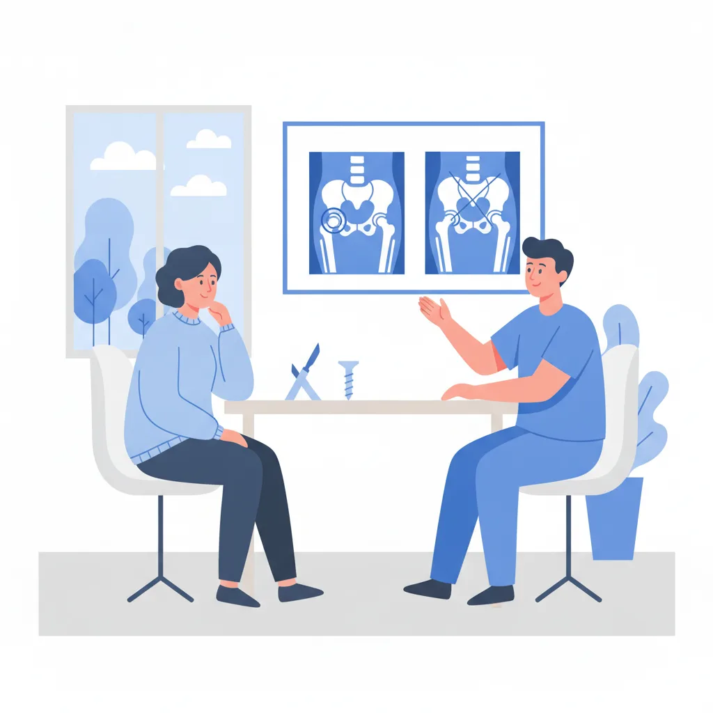고관절 인공관절 전치환술과 부분치환술 중 어느 수술이 필요한지 X-ray 영상을 통해 설명받는 환자 상담 장면<p style=