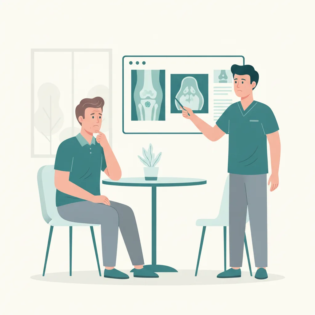 무릎 연골 손상으로 줄기세포 주사 치료를 상담받는 환자가 의사와 MRI 영상을 함께 검토하는 모습<p style=